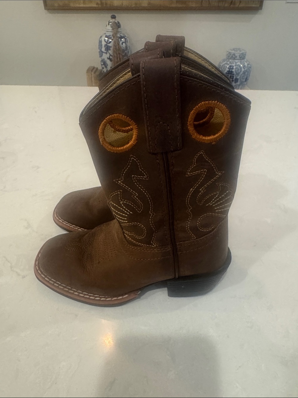 Masterson Boot Co Kids Brown Leather Pull-On Cowboy Boots with Eyelets Size 9M